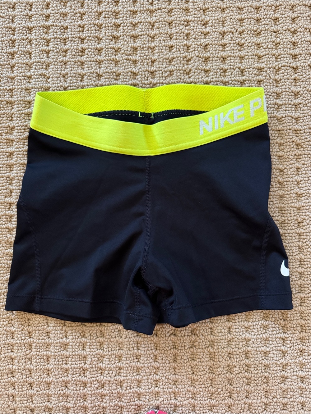 Women Nike Pro Black Shorts with Neon Yellow Waistband, Size S